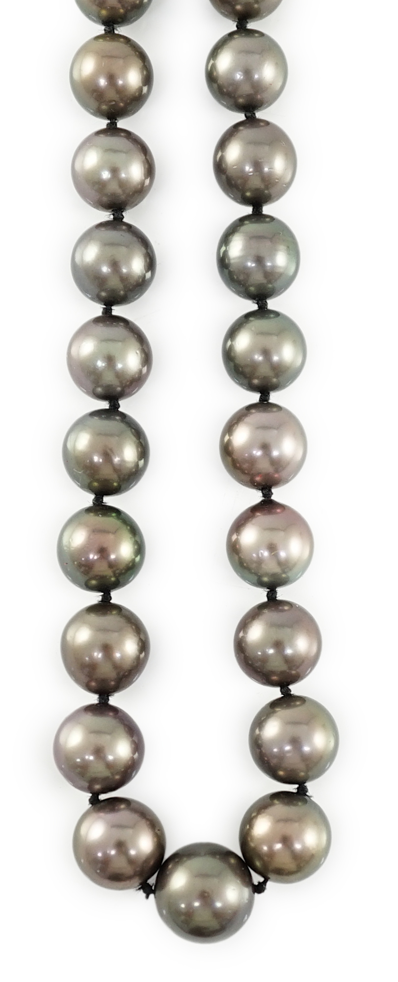 A modern Cartier single strand Tahitian pearl necklace, with 18ct gold and pave set diamond spherical clasp